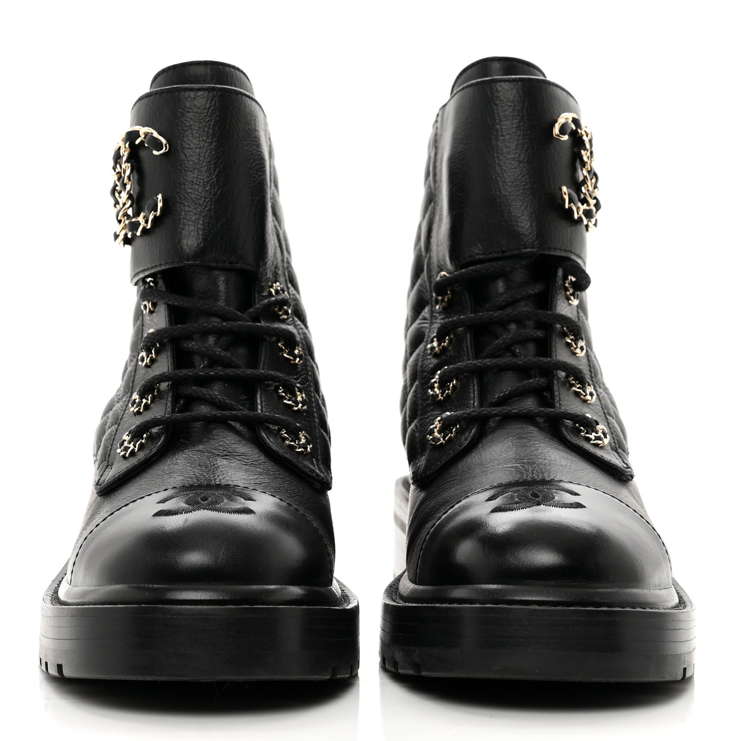 Chanel Shiny Calfskin Quilted Lace Up Combat Boots 38 Black 2 of 9
