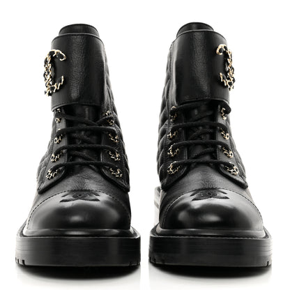 Chanel Shiny Calfskin Quilted Lace Up Combat Boots 38 Black 2 of 9