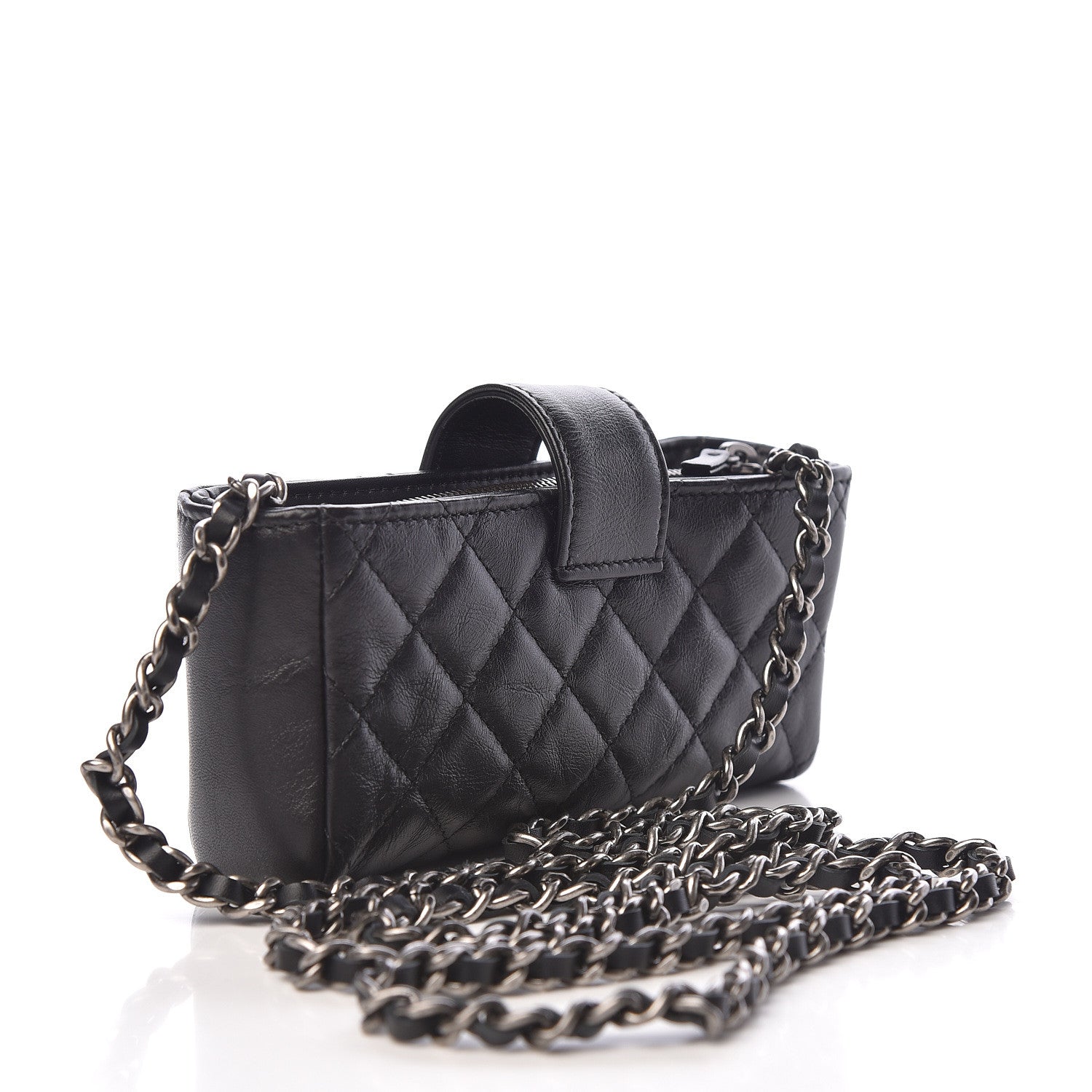 Chanel Aged Calfskin Quilted Lucky Charms Mini Phone Holder Clutch Black 3 of 11
