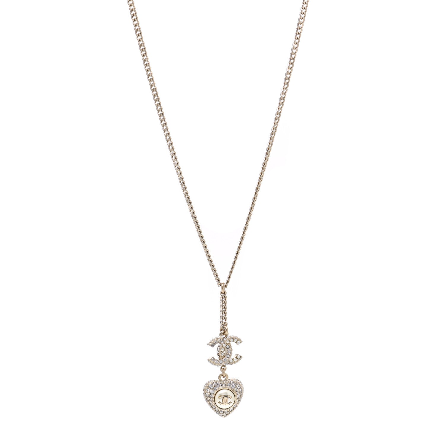 Chanel Pearl Crystal CC Heart Necklace Pearly White Gold 1 of 5
