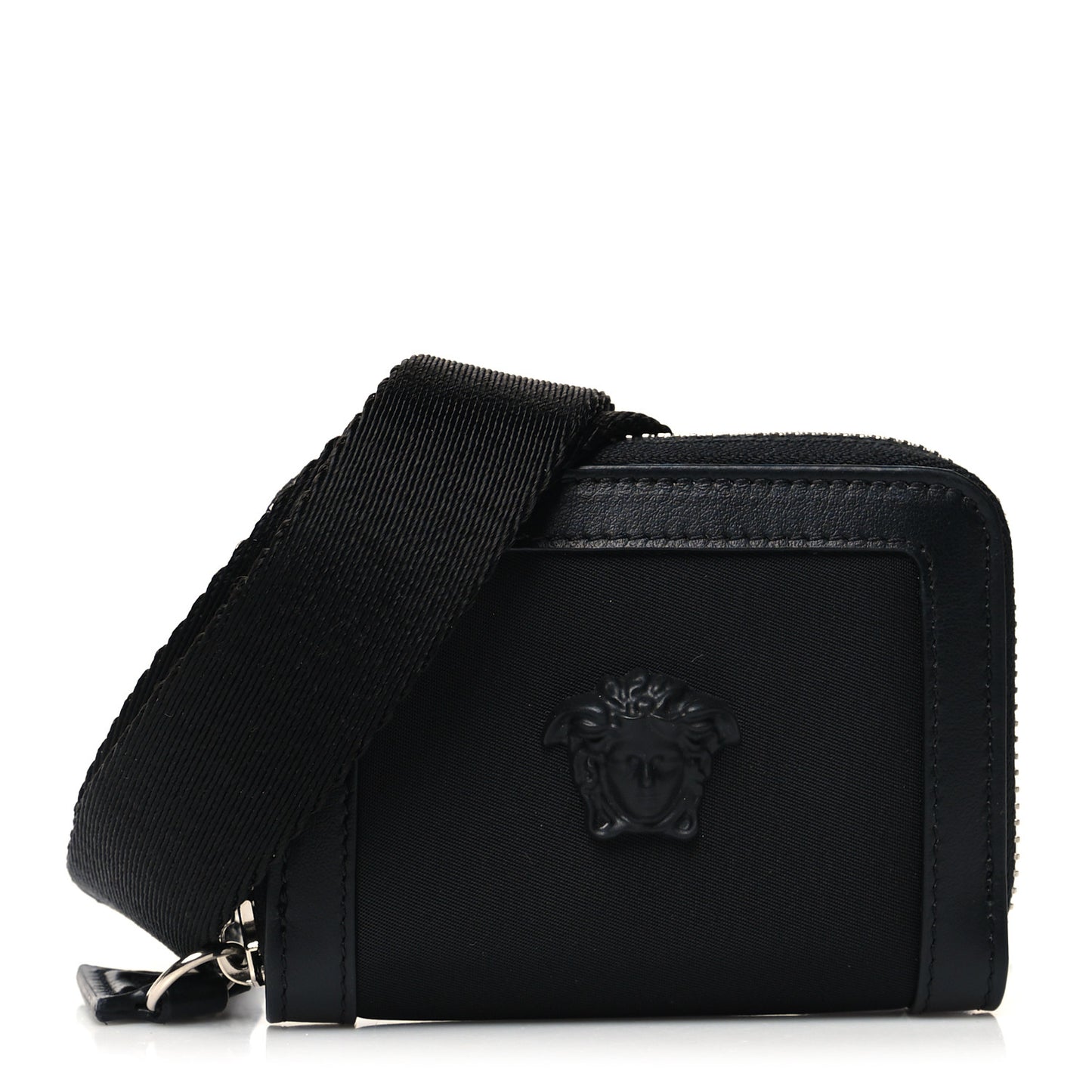 Calfskin Nylon La Medusa Zip Around Lanyard Wallet Black