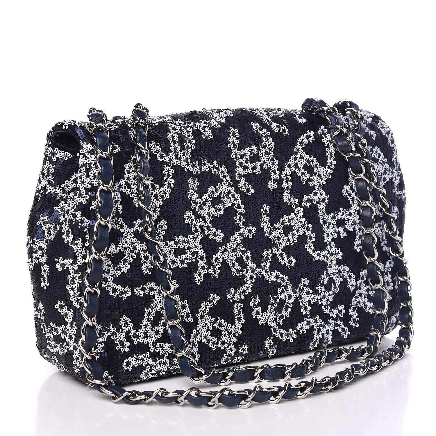 Chanel Lambskin Sequins Medium Single Flap Navy Blue White 3 of 9