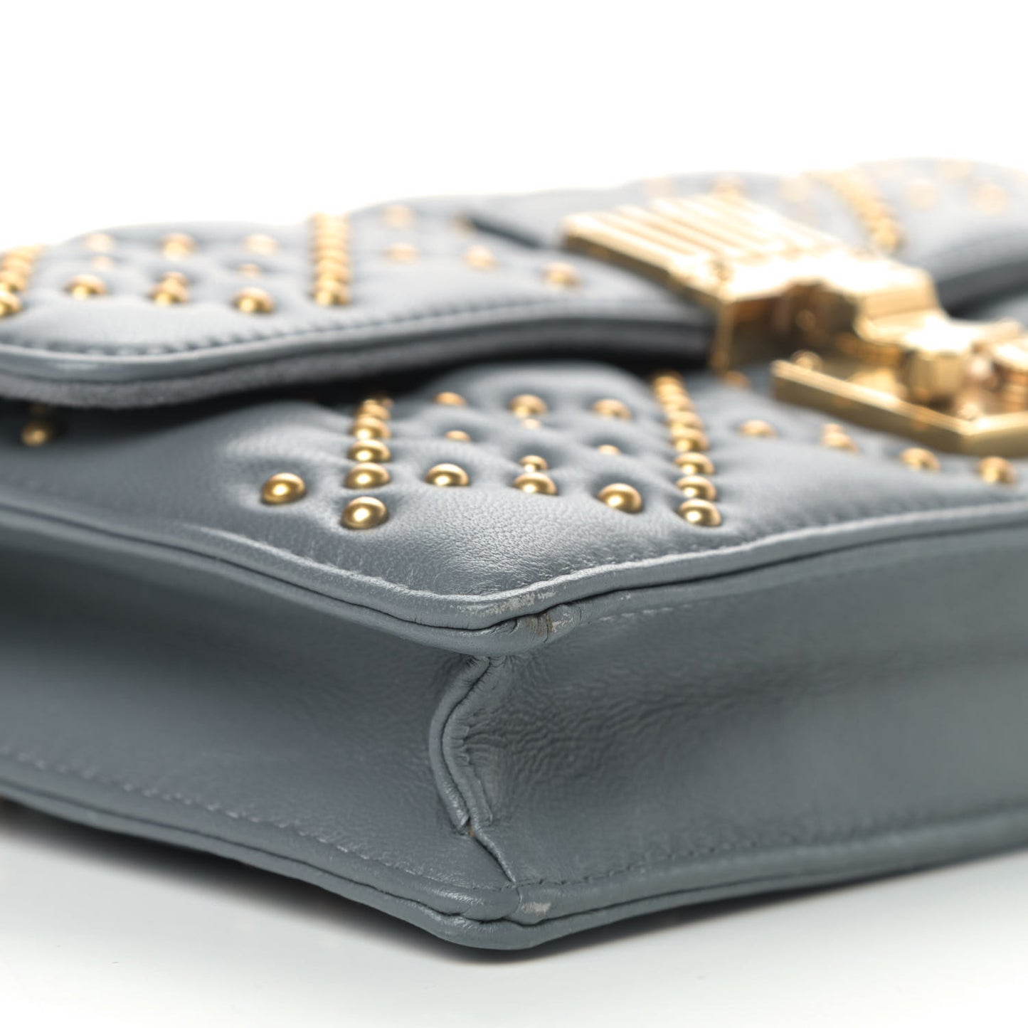 Lambskin Cannage Studded Dioraddict Wallet on Chain Clutch Grey Blue