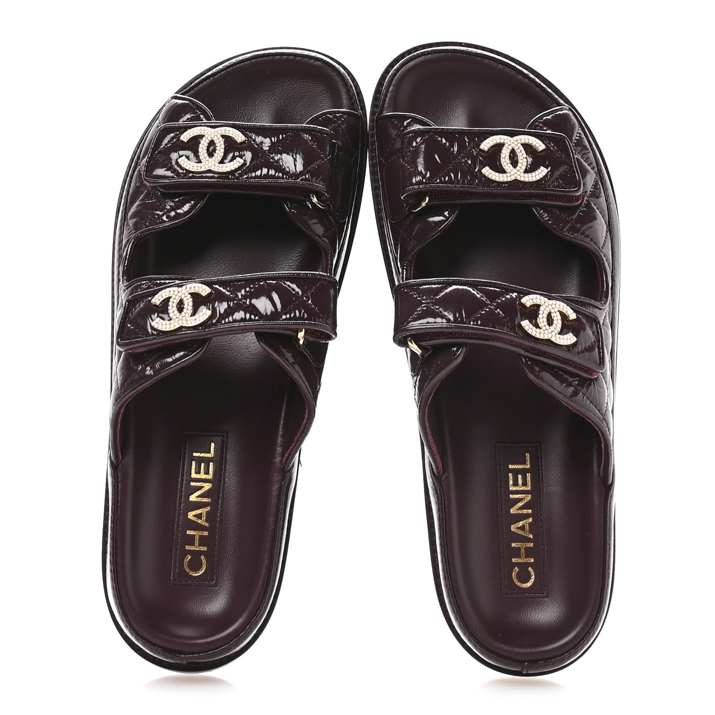 Shiny Calfskin Quilted Velcro Dad Pearl CC Slide Sandals  40 Burgundy