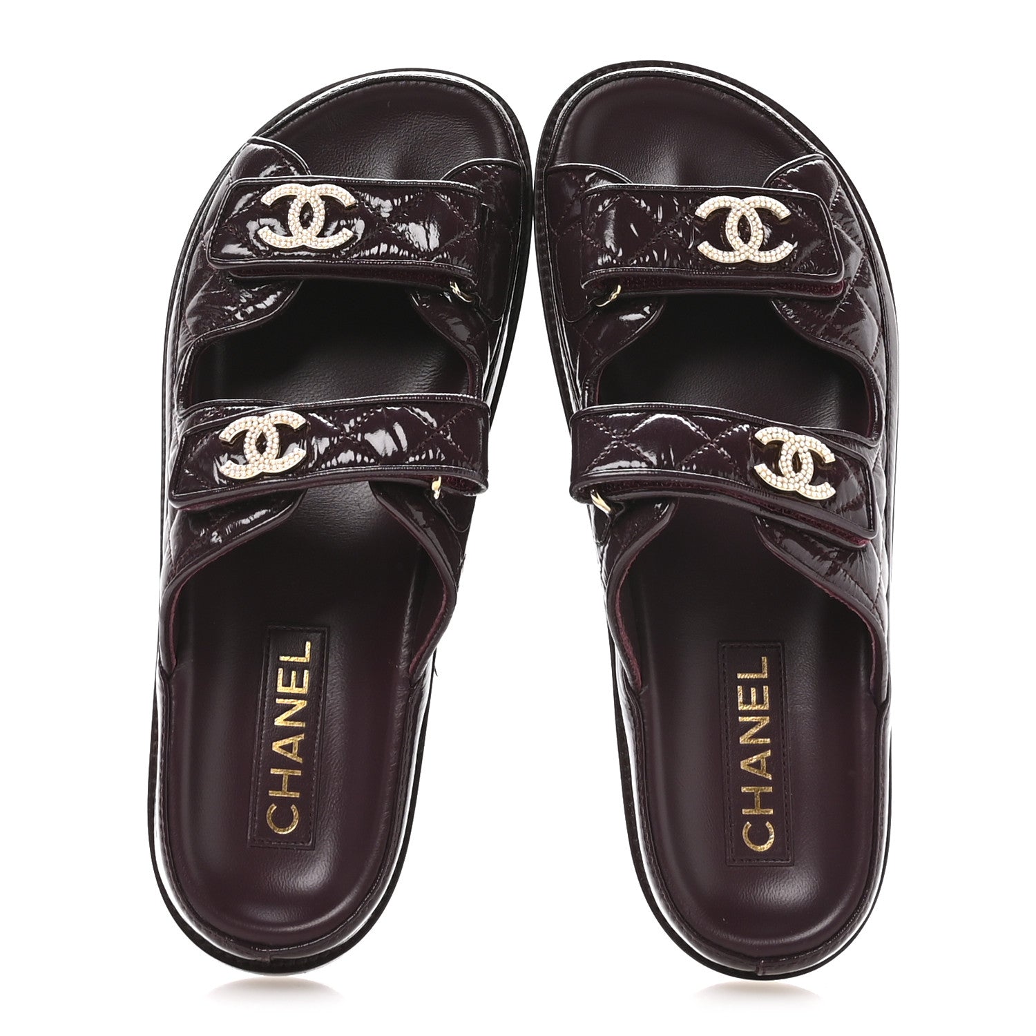 Chanel Shiny Calfskin Quilted Velcro Dad Pearl CC Slide Sandals  40 Burgundy 2 of 9