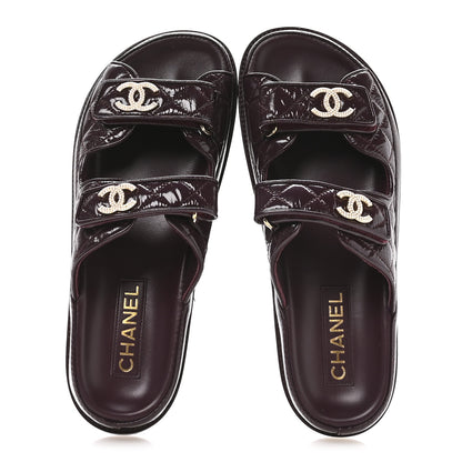 Chanel Shiny Calfskin Quilted Velcro Dad Pearl CC Slide Sandals  40 Burgundy 2 of 9