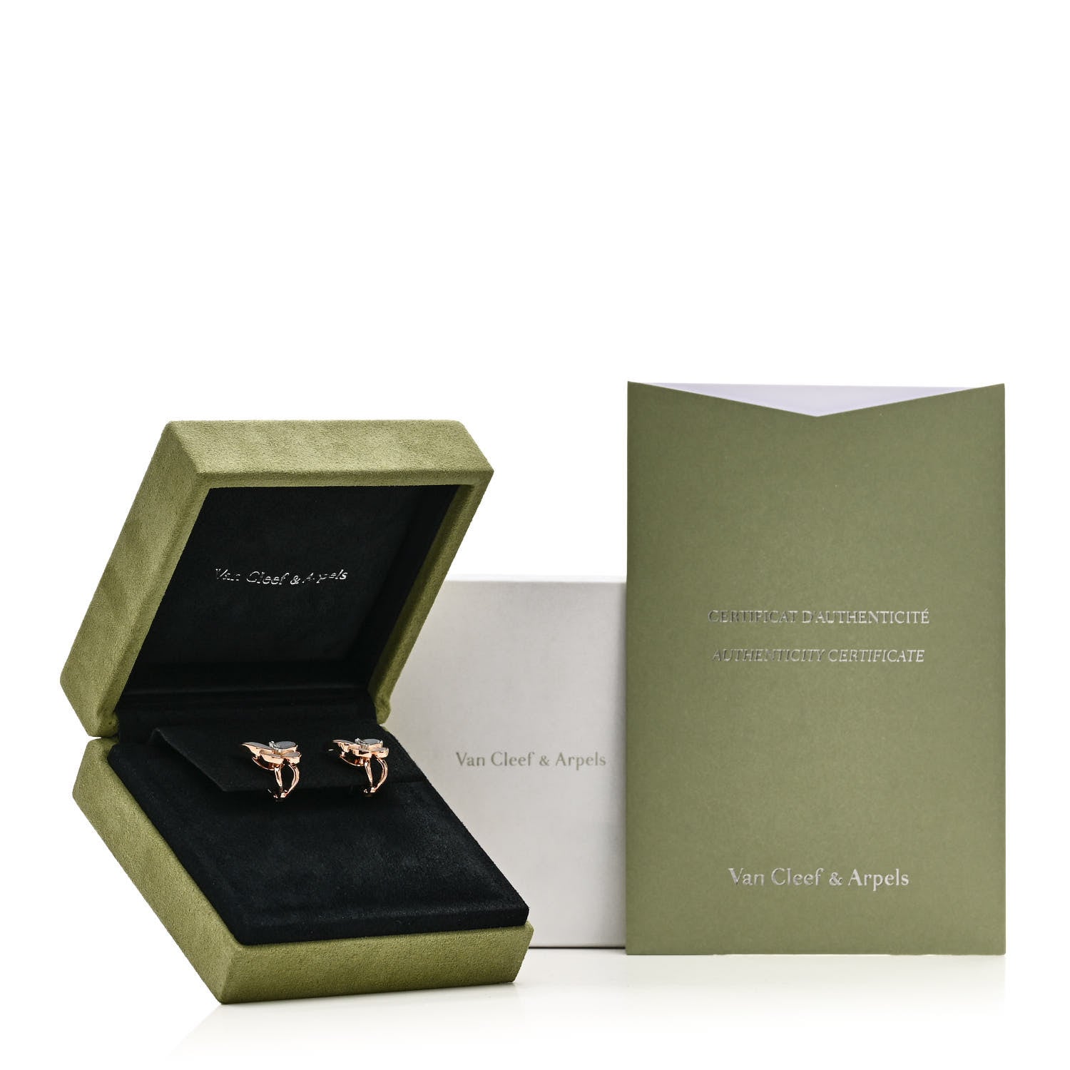 Van Cleef & Arpels 18K Rose White Gold Diamond Mother of Pearl Two Butterfly Earrings 5 of 5