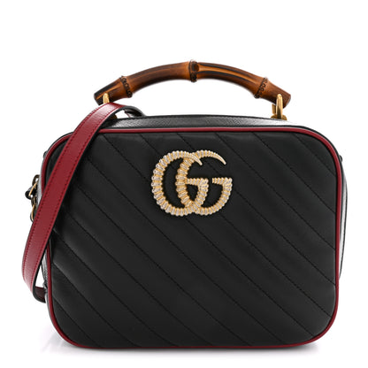Gucci Vintage Effect Calfskin Matelasse Diagonal Small Torchon GG Marmont Bamboo Top Handle Shoulder Bag Black Romantic Cherry 1 of 10