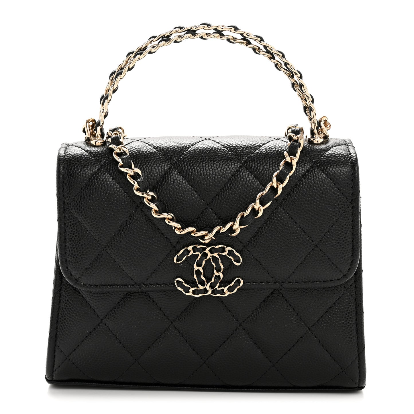 Caviar Quilted Double Chain Top Handle Flap With Chain Black