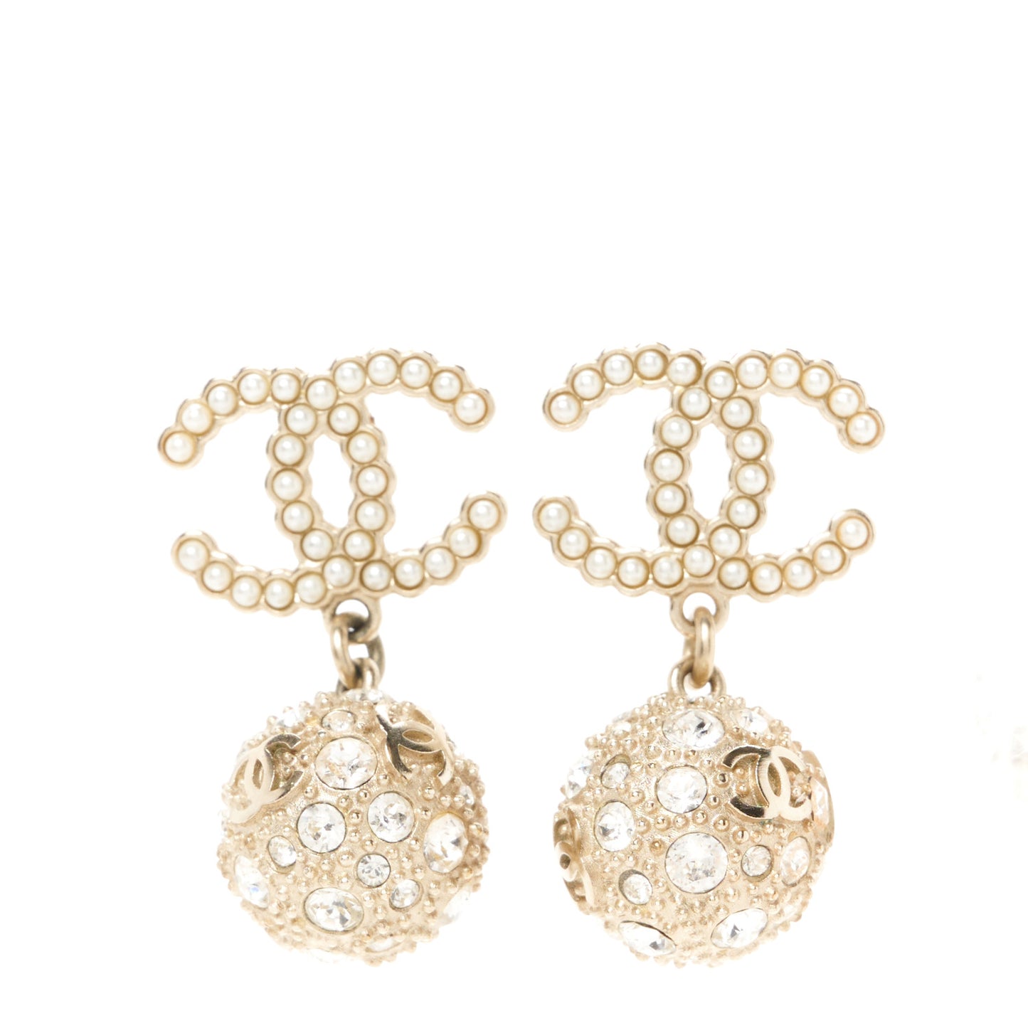 Crystal Pearl CC Ball Drop Earrings Gold
