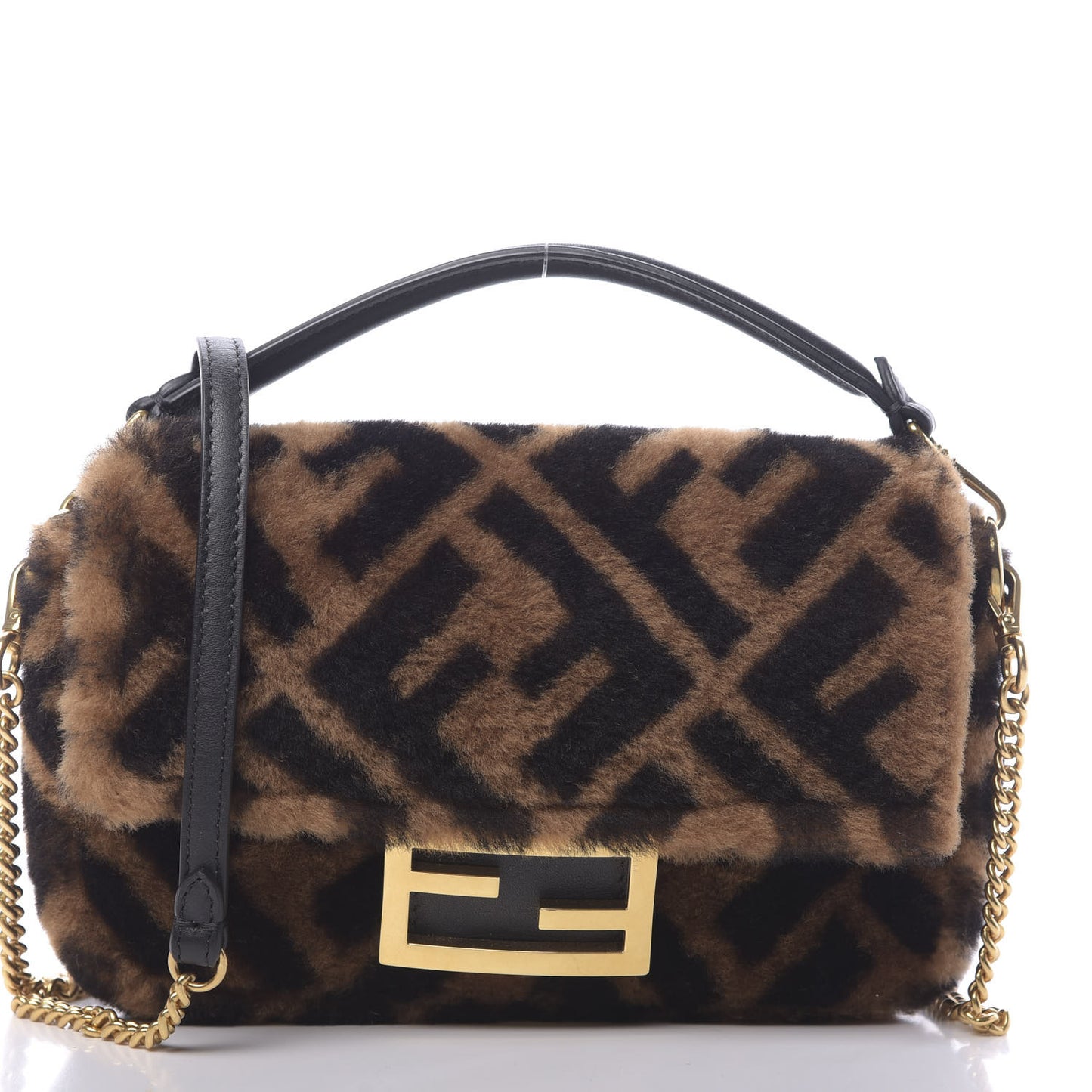 Shearling Vitello Dolce Macro FF 1974 Mini Baguette Tobacco Black