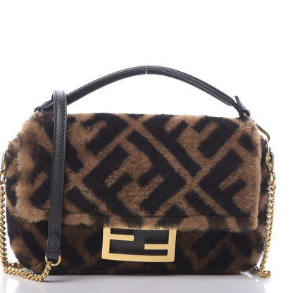 Fendi Shearling Vitello Dolce Macro FF 1974 Mini Baguette Tobacco Black 10 of 11