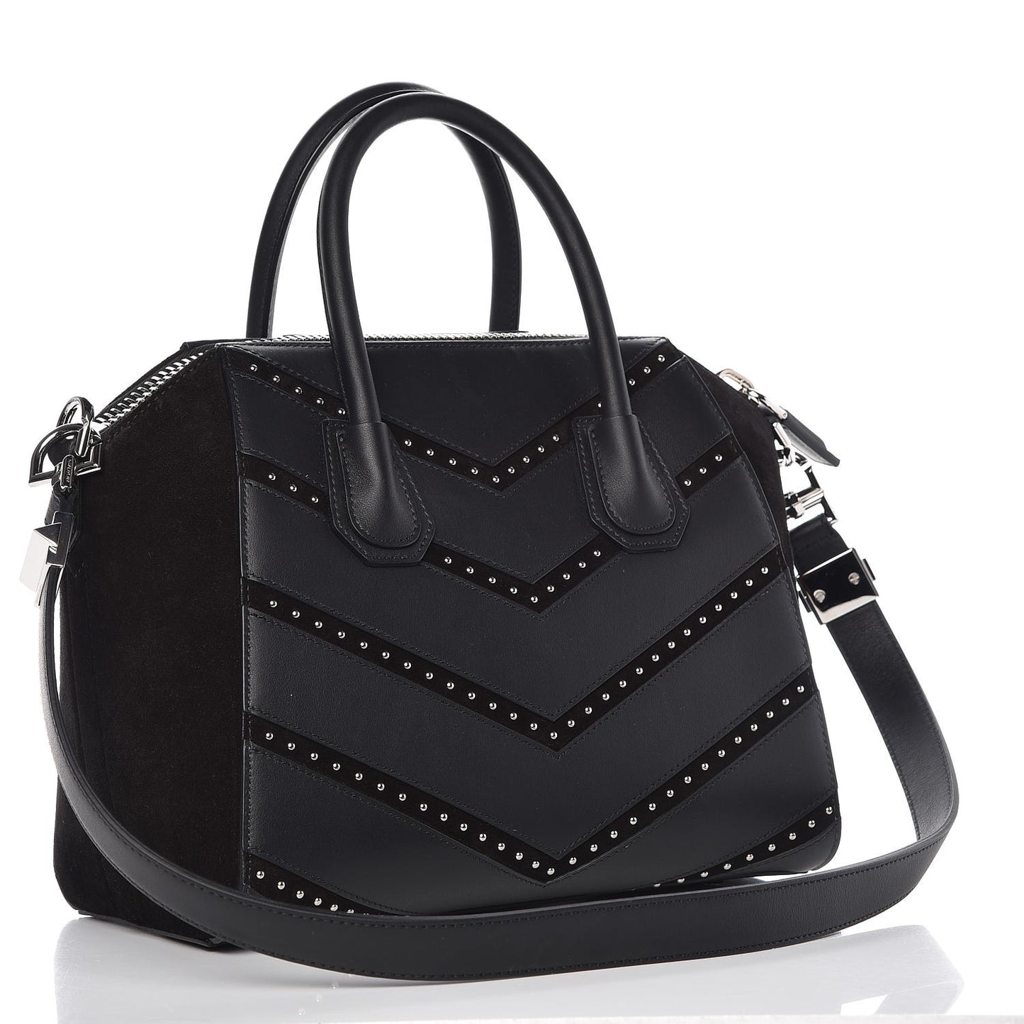 Calfskin Suede Small Studded Chevron Antigona Black
