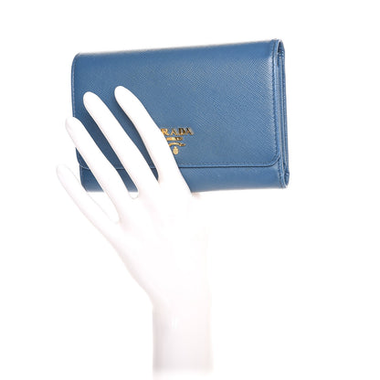 Prada Saffiano Metal Compact Snap Tri-Fold Wallet Cobalto 2 of 8