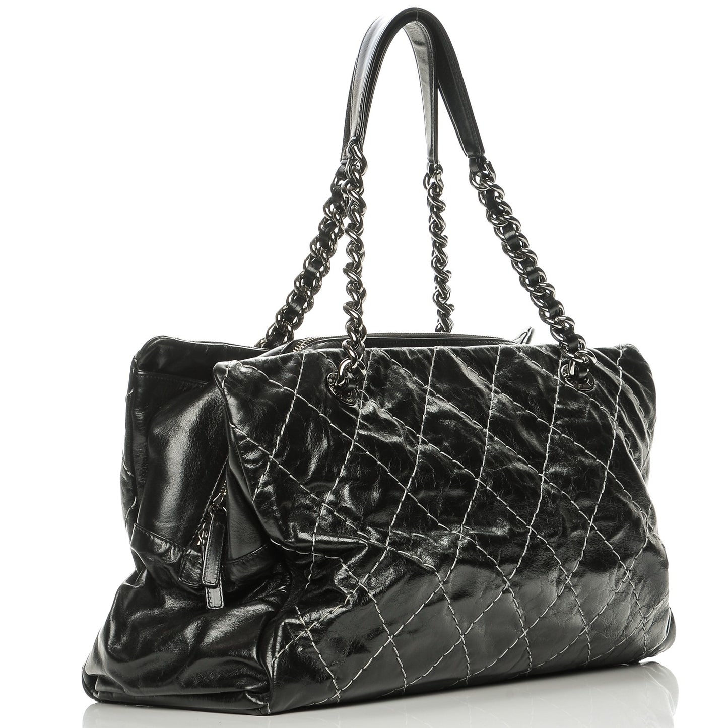 Glazed Goatskin Double Contrast Stitch Large Tote Black