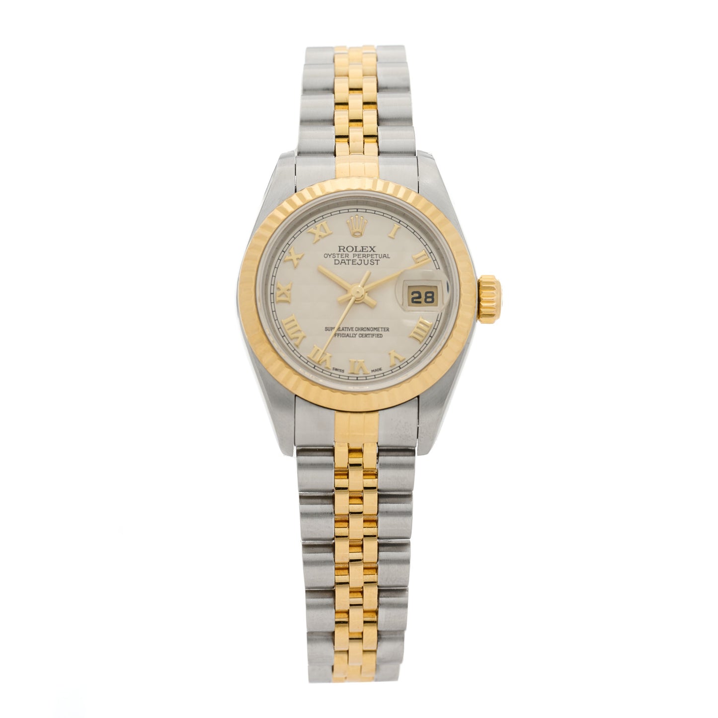 Stainless Steel 18K Yellow Gold 26mm Oyster Perpetual Datejust Watch White Pyramid Roman 79173