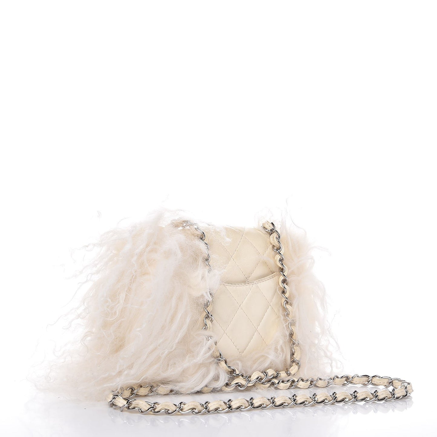 Lambskin Quilted Goat Fur Mini Tibet Square Flap White