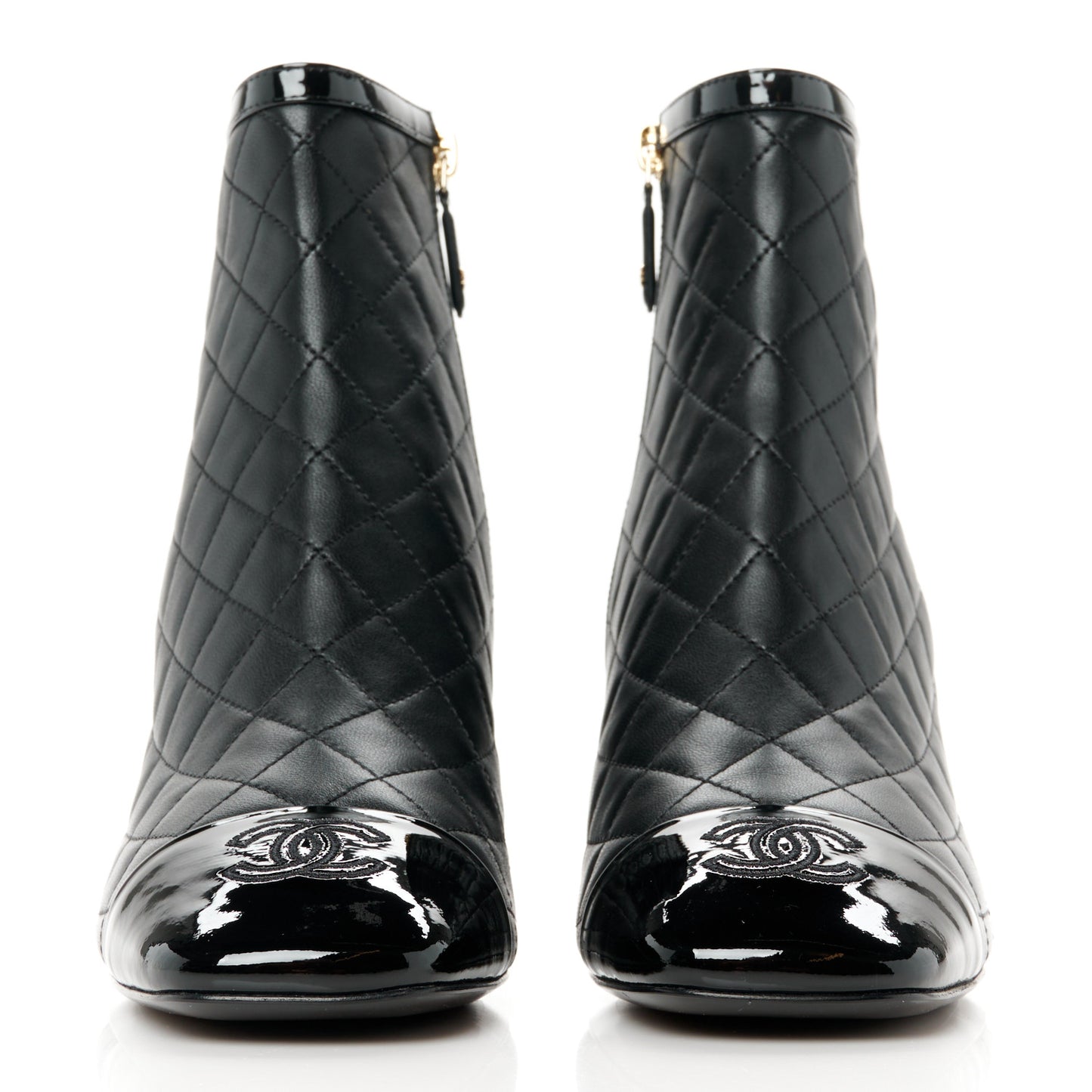 Lambskin Quilted Patent Cap Toe CC Booties 38 Black