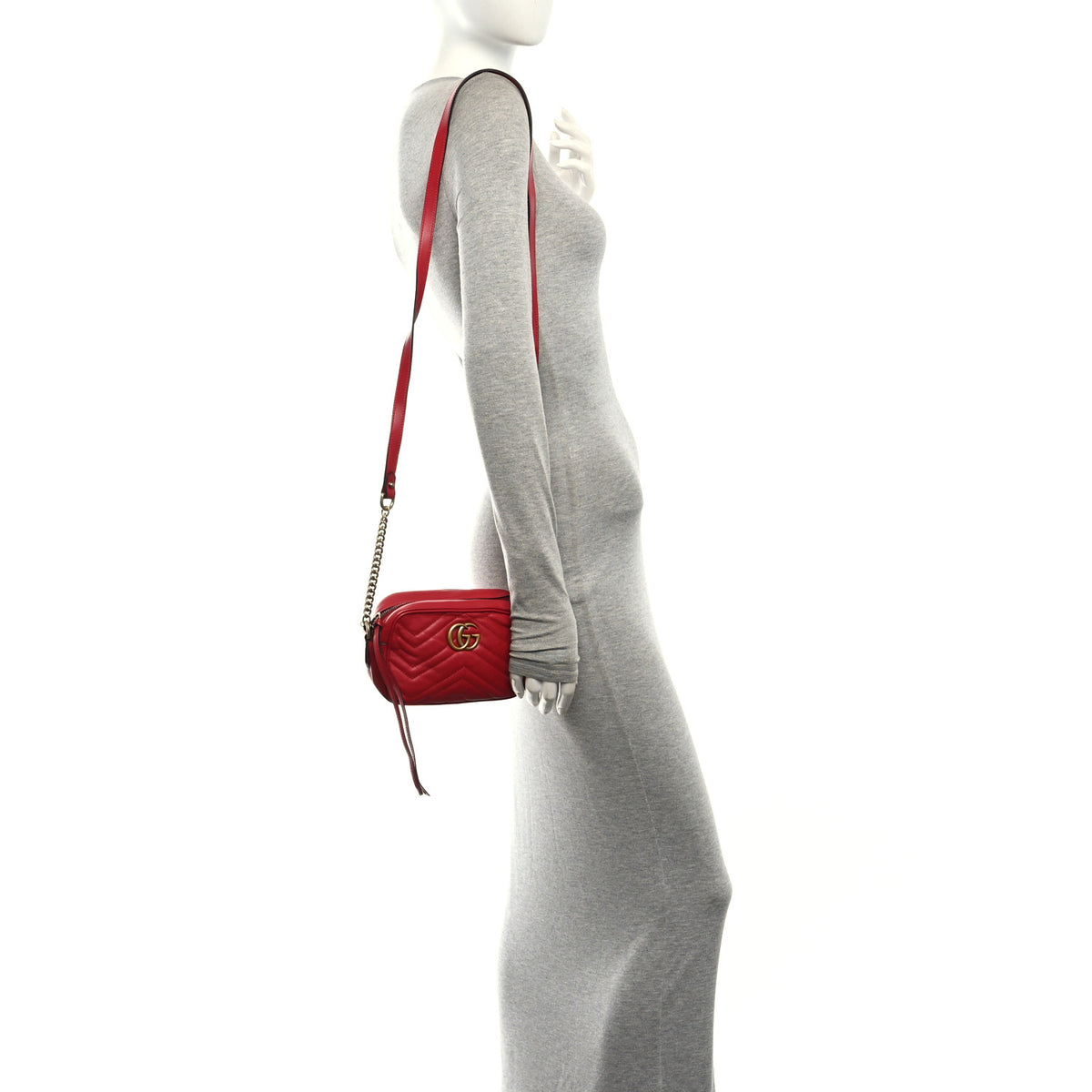 Gucci Calfskin Matelasse Mini GG Marmont Chain Shoulder Bag Hibiscus Red 2 of 10