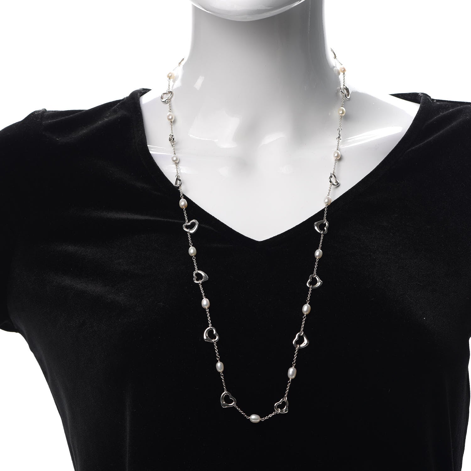 Tiffany Sterling Silver Pearl Elsa Peretti Open Heart Station Necklace 2 of 5