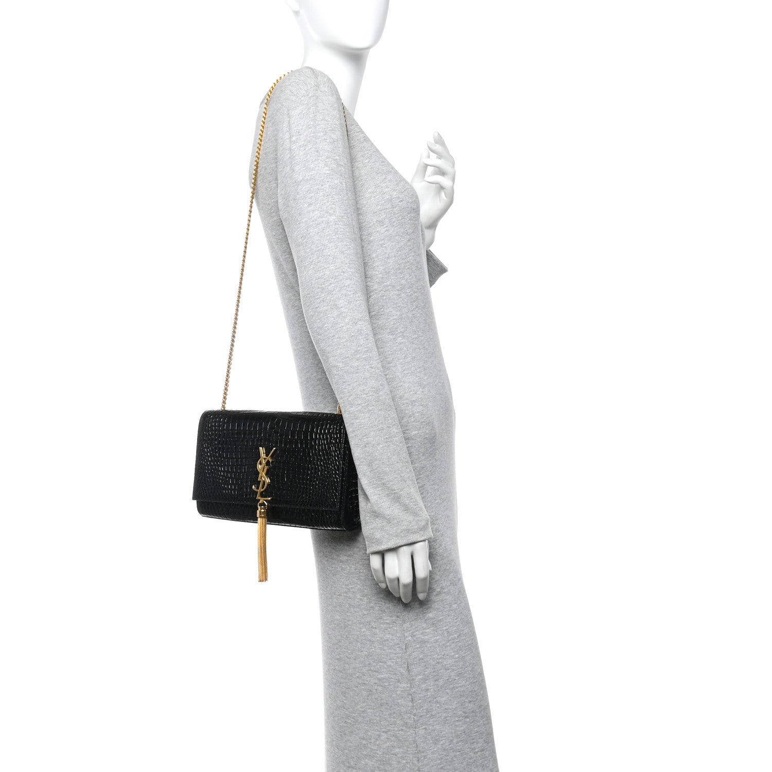 Saint Laurent Calfskin Crocodile Embossed Medium Classic Monogram Kate Tassel Satchel Black 2 of 10