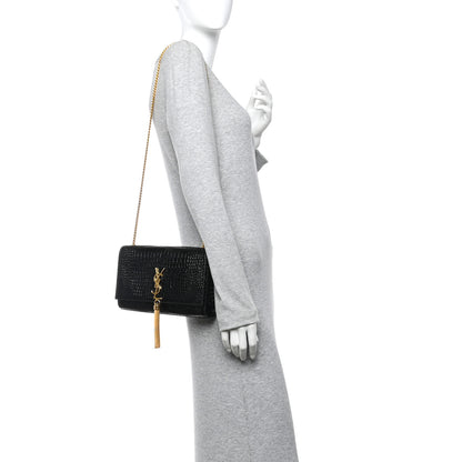 Saint Laurent Calfskin Crocodile Embossed Medium Classic Monogram Kate Tassel Satchel Black 2 of 10