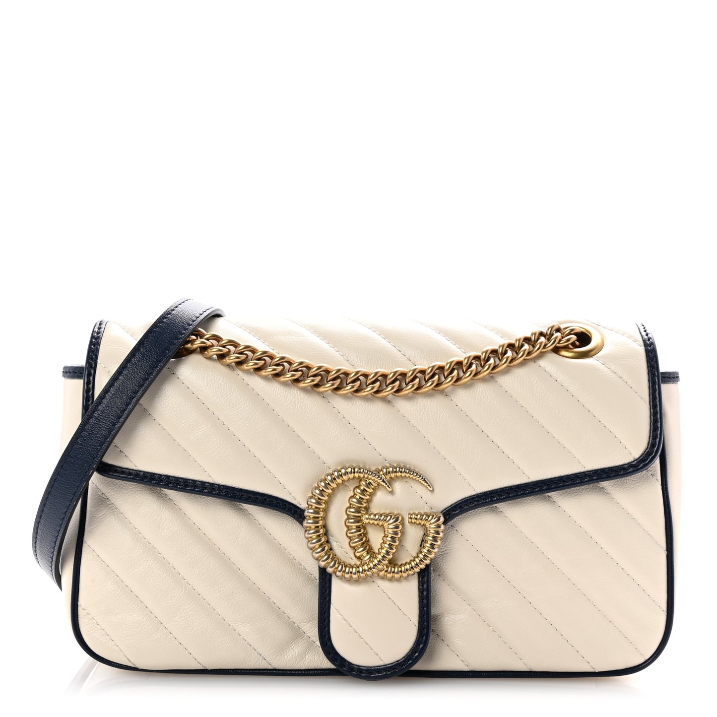 Vintage Effect Calfskin Matelasse Diagonal Small Torchon GG Marmont Shoulder Bag Mystic White Blue Agata