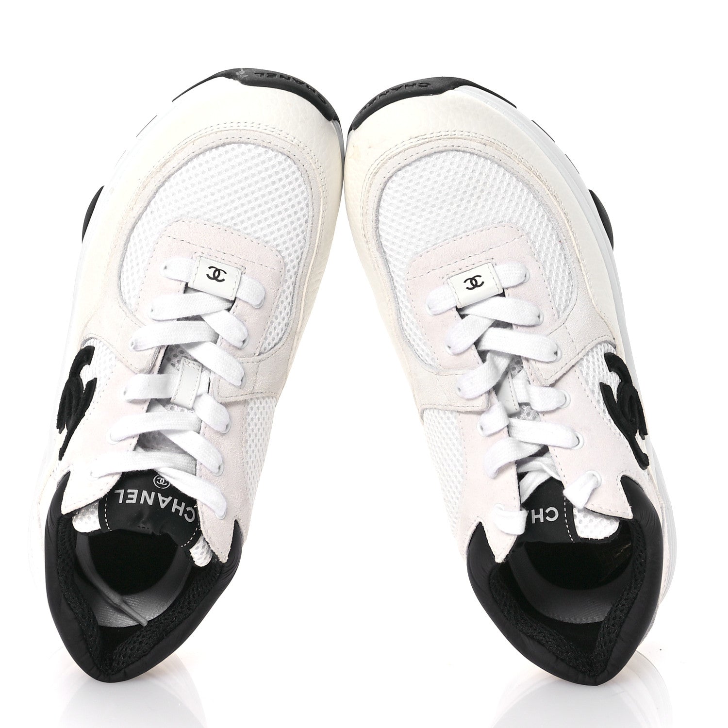 Chanel Mesh Suede Calfskin Grained Calfskin Womens CC Sneakers 39 White Black 2 of 7