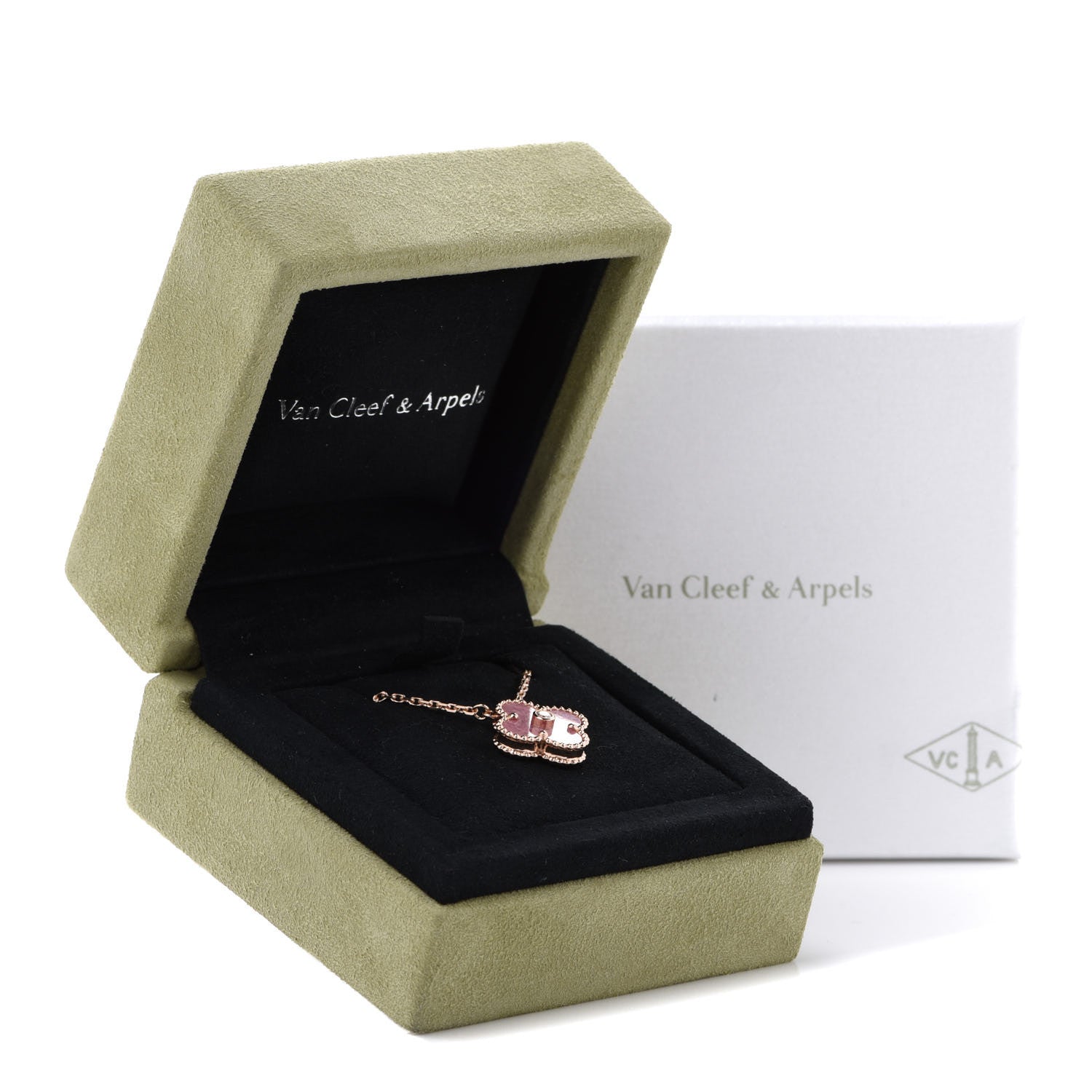 Van Cleef & Arpels 18K Rose Gold Diamond Rhodonite Vintage Alhambra Pendant Necklace 8 of 8