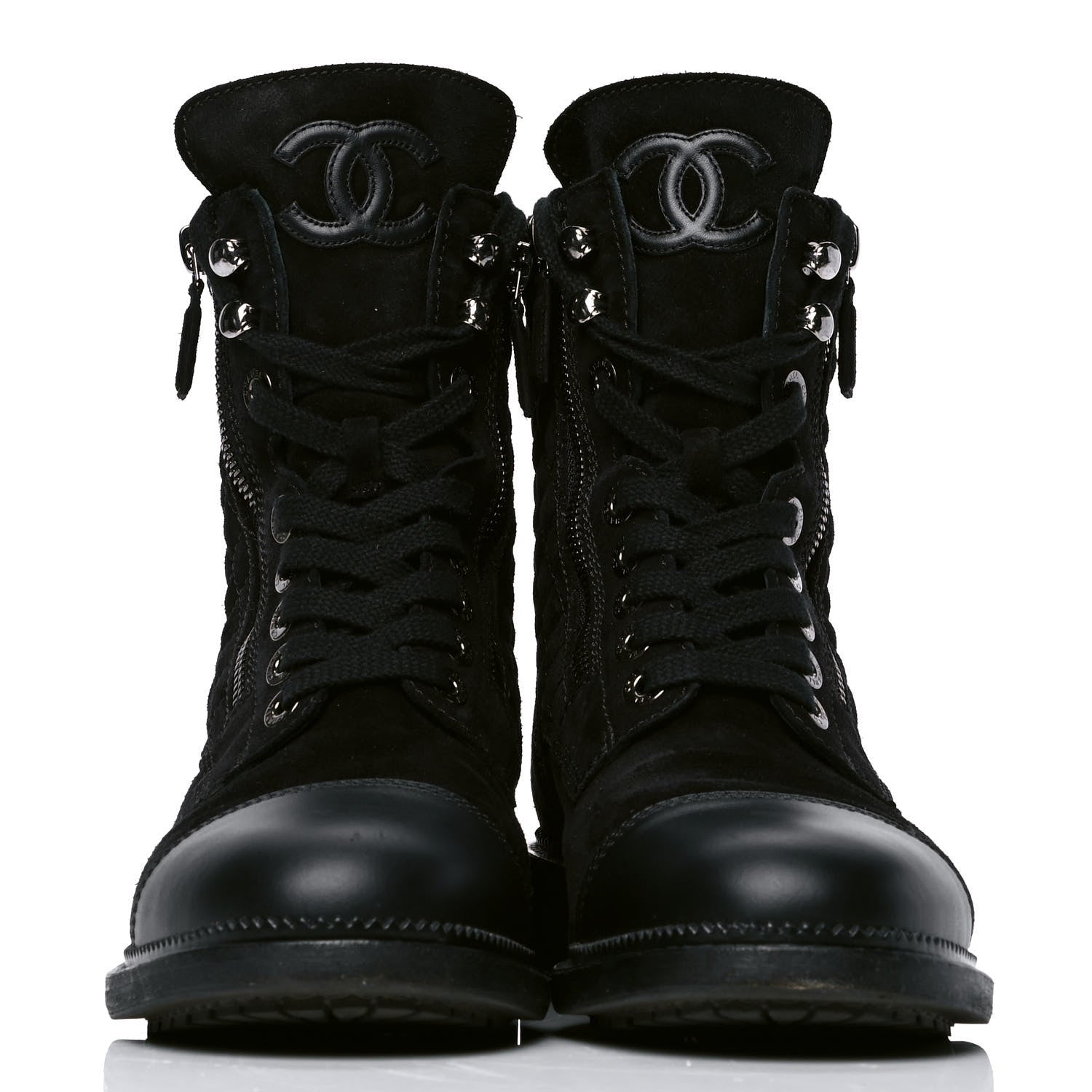 Chanel Suede Quilted CC Lace Up Combat Boots 37 Black 2 of 5