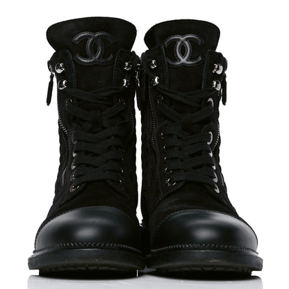 Chanel Suede Quilted CC Lace Up Combat Boots 37 Black 2 of 5