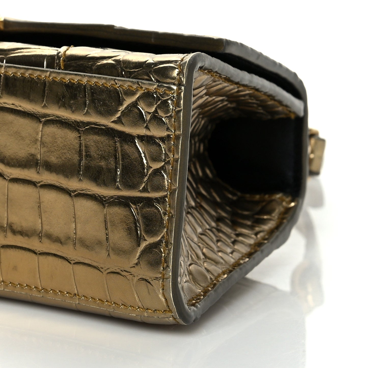 Metallic Calfskin Crocodile Embossed Hourglass Top Handle Bag XS Gold