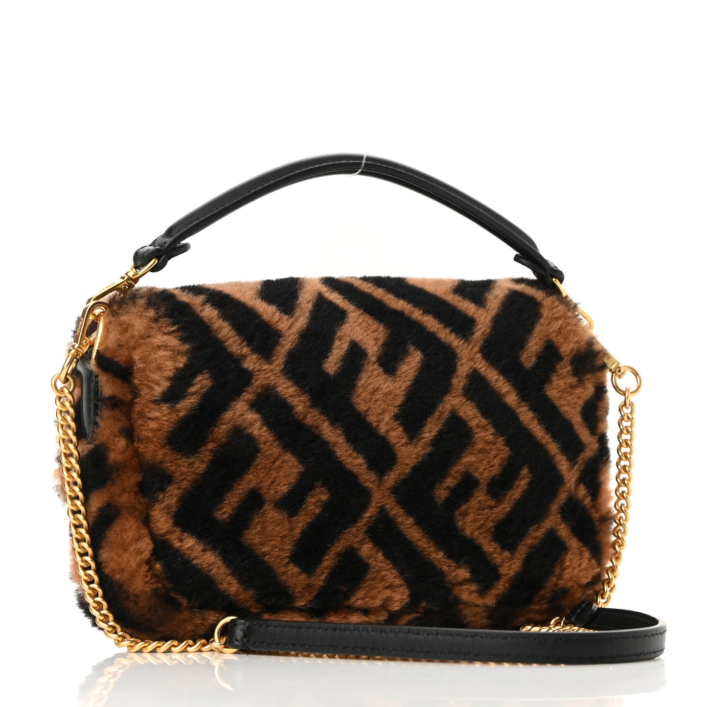 Shearling Vitello Dolce Macro FF 1974 Mini Baguette Tobacco Black