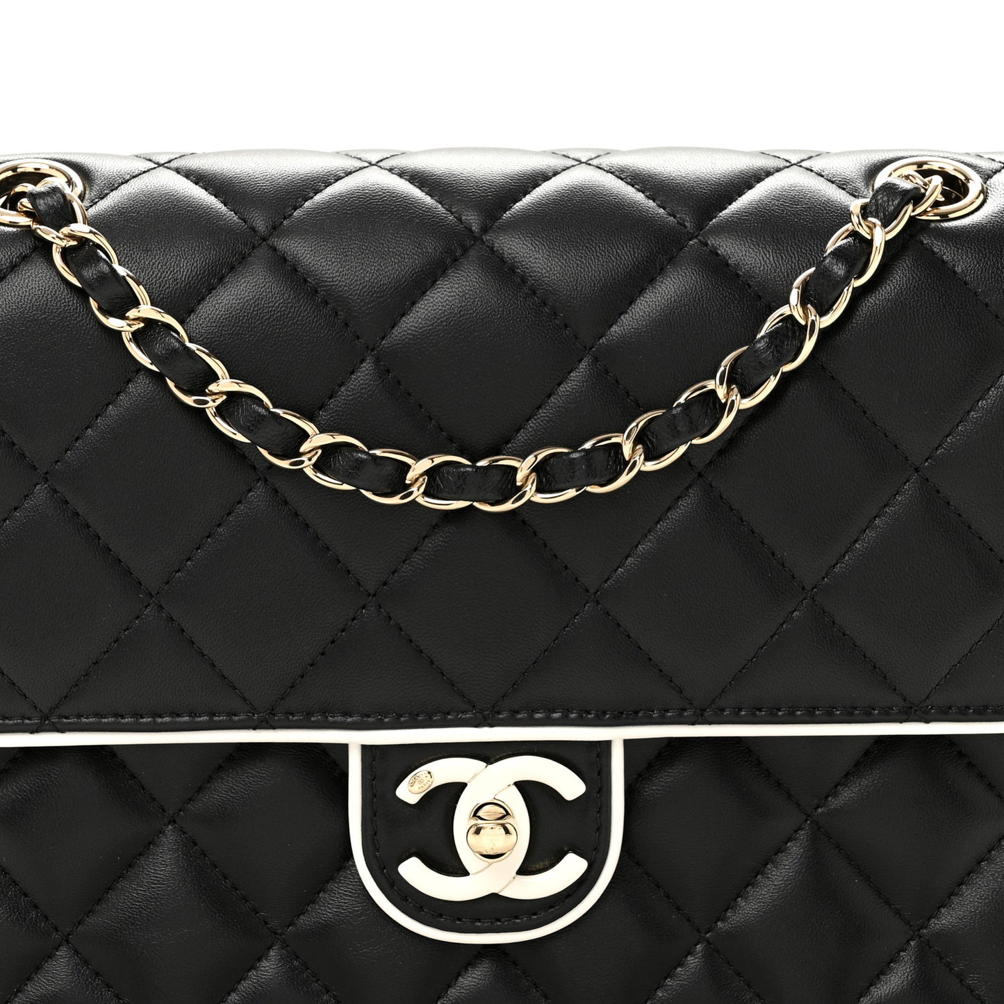 Lambskin Quilted Resin Graphic Frame Flap Bag Black White