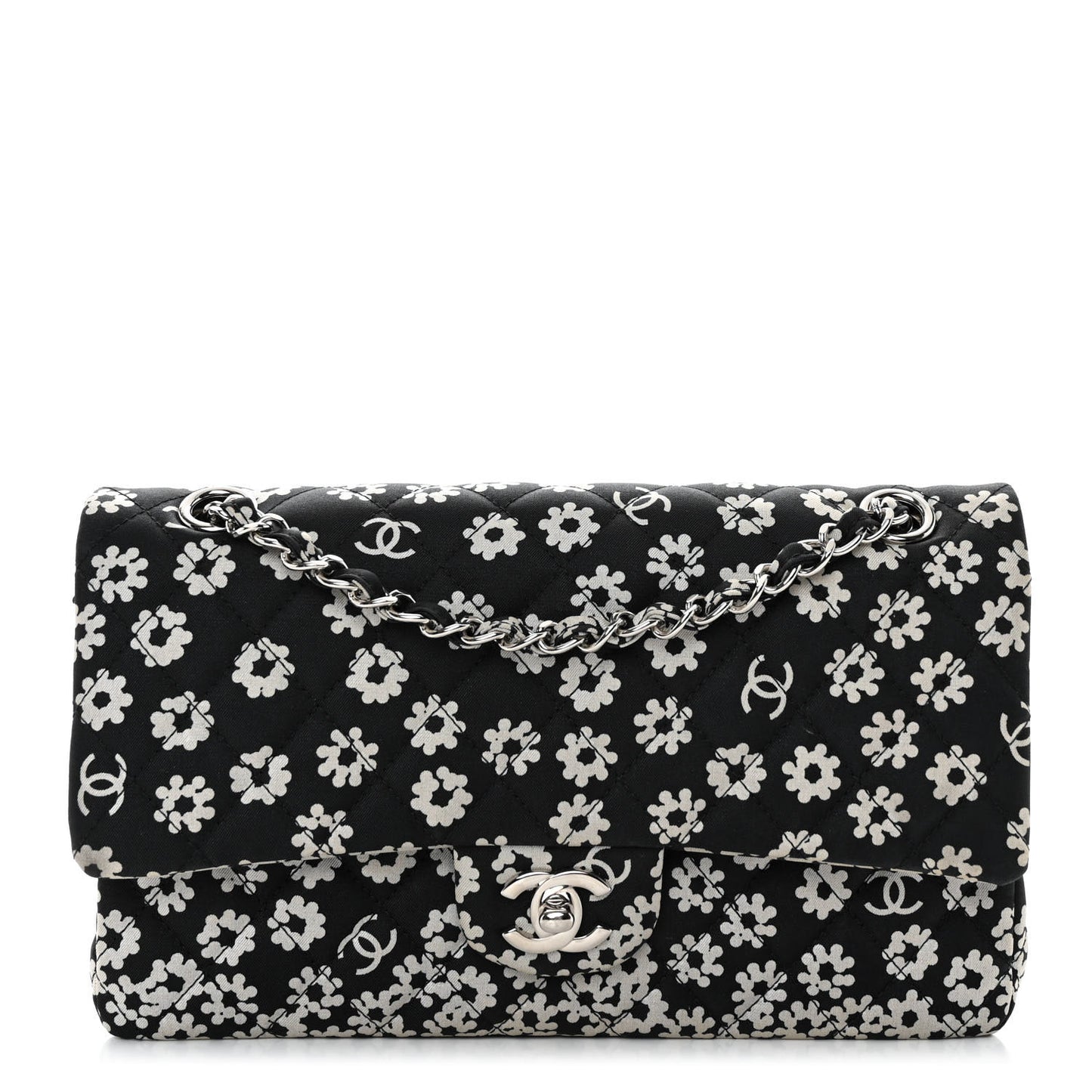 Canvas Floral Printed Quilted Medium Double Flap Black White