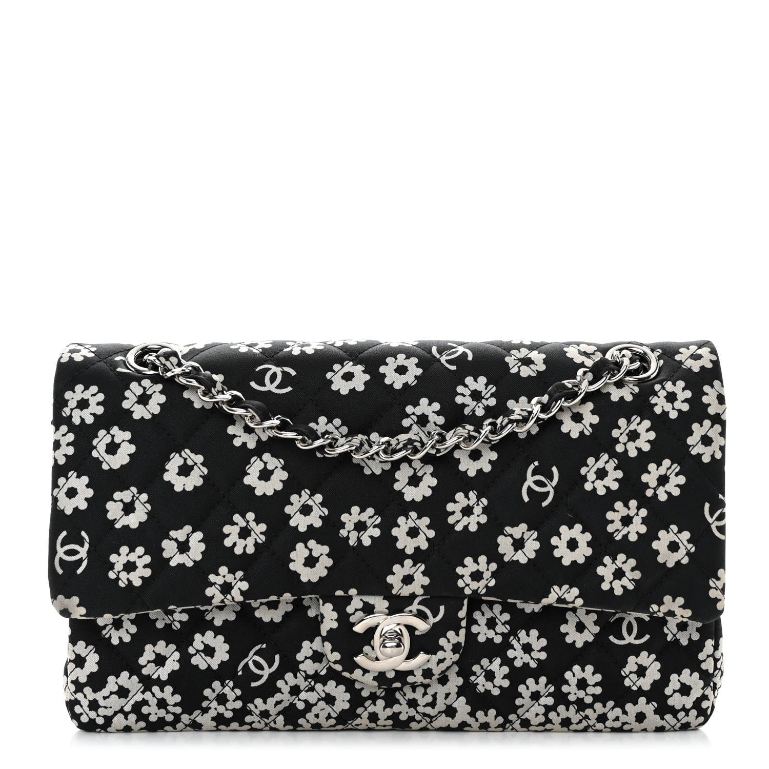 Chanel Canvas Floral Printed Quilted Medium Double Flap Black White 1 of 13