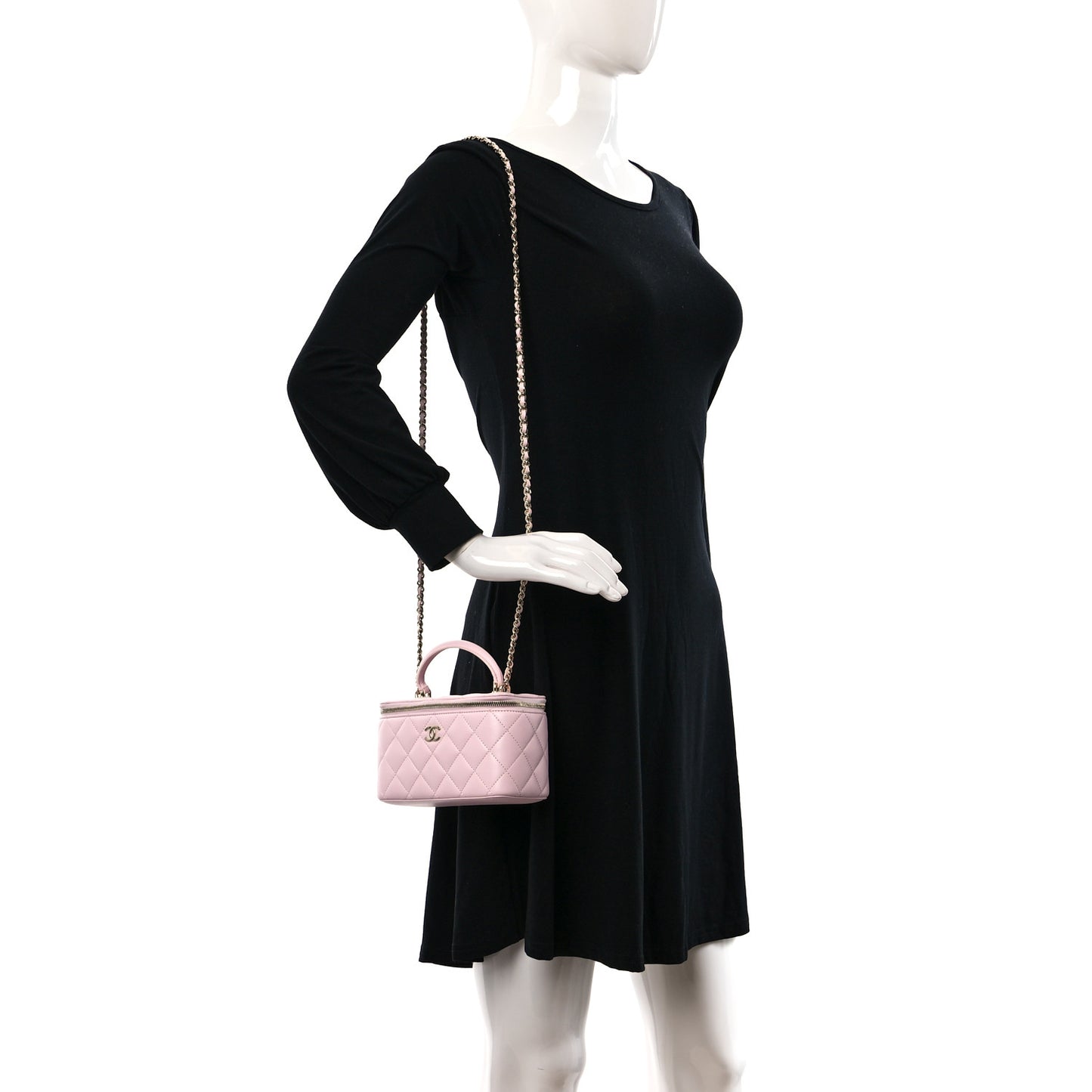 Lambskin Quilted Small Top Handle Vanity Case With Chain Light Pink