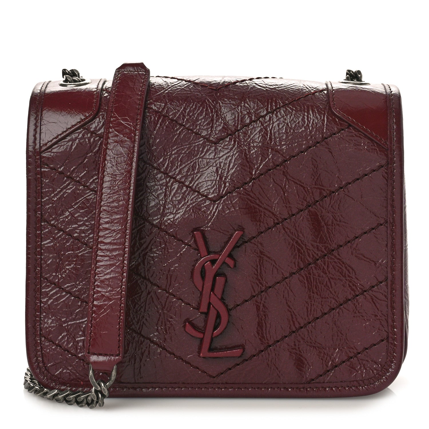 Saint Laurent Crinkled Calfskin Matelasse Monogram Niki Chain Wallet Dark Legion Red 1 of 9