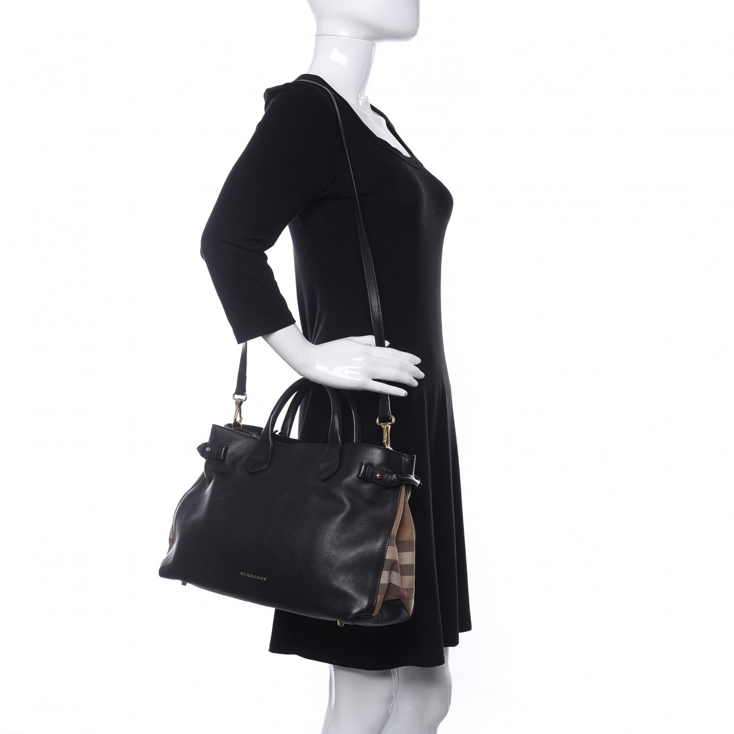 Grainy Calfskin House Check Medium Banner Tote Black