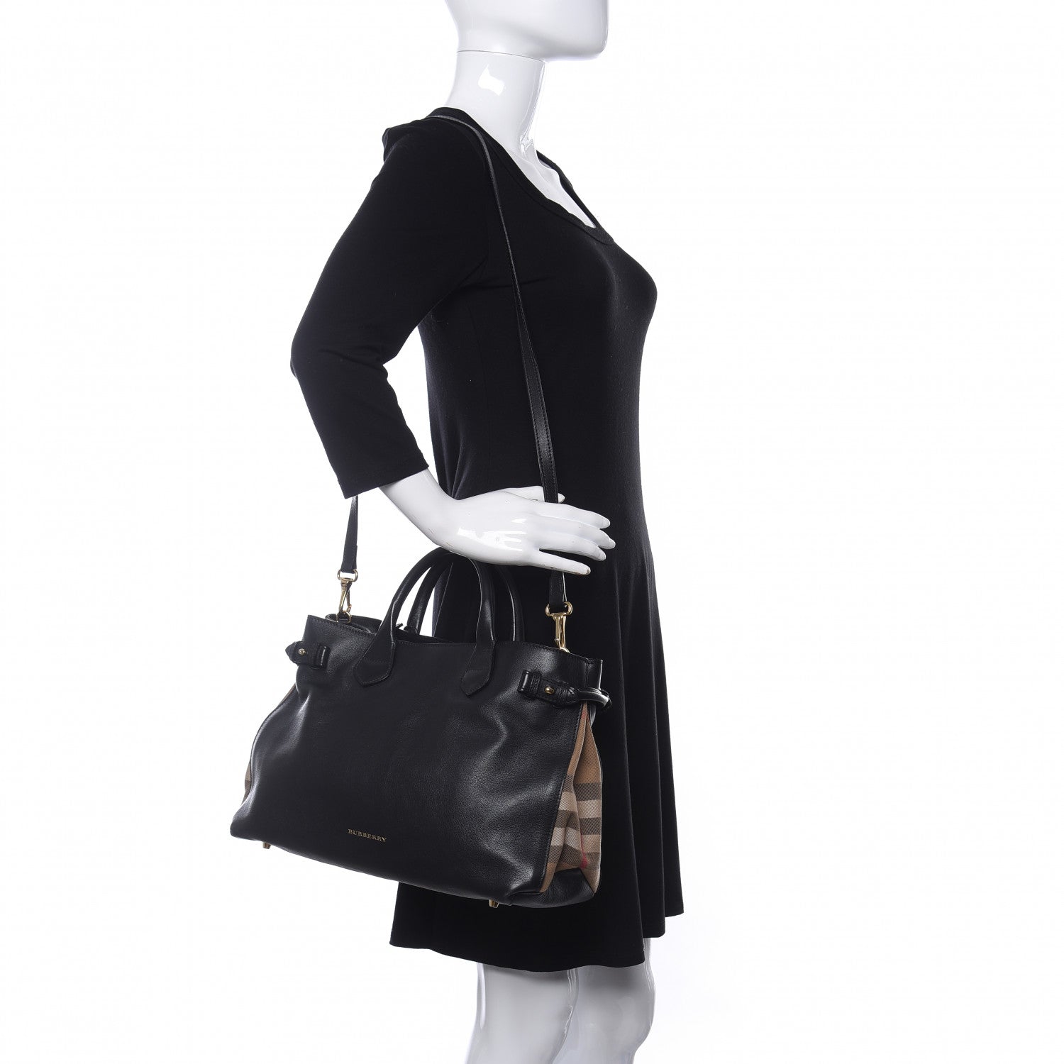 Burberry Grainy Calfskin House Check Medium Banner Tote Black 2 of 10