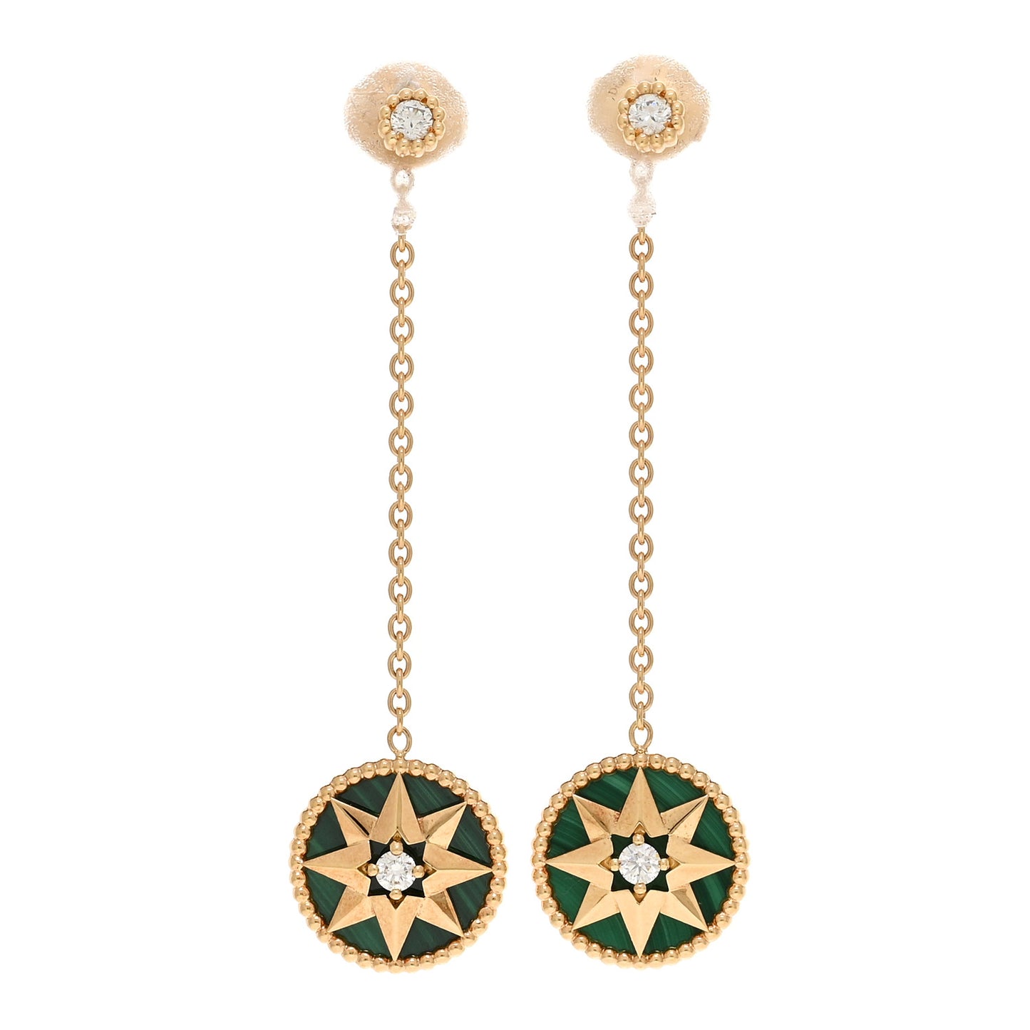 18K Yellow Gold Diamond Malachite Rose Des Vents Drop Earrings