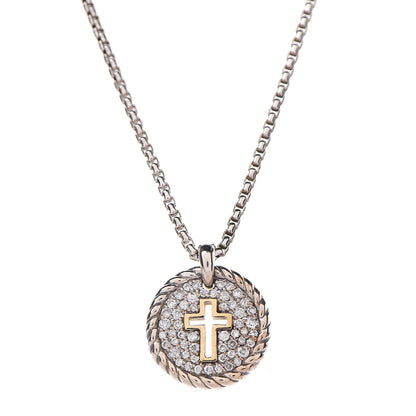 David Yurman Sterling Silver 18K Yellow Gold Diamond Cable Collectibles Cross Charm Pendant Necklace 4 of 6