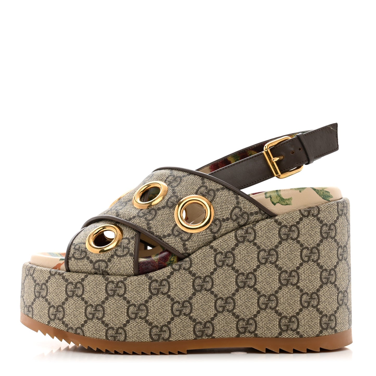 GG Supreme Monogram Eyelet Angelina Platform Wedge Sandals 36 Beige Ebony