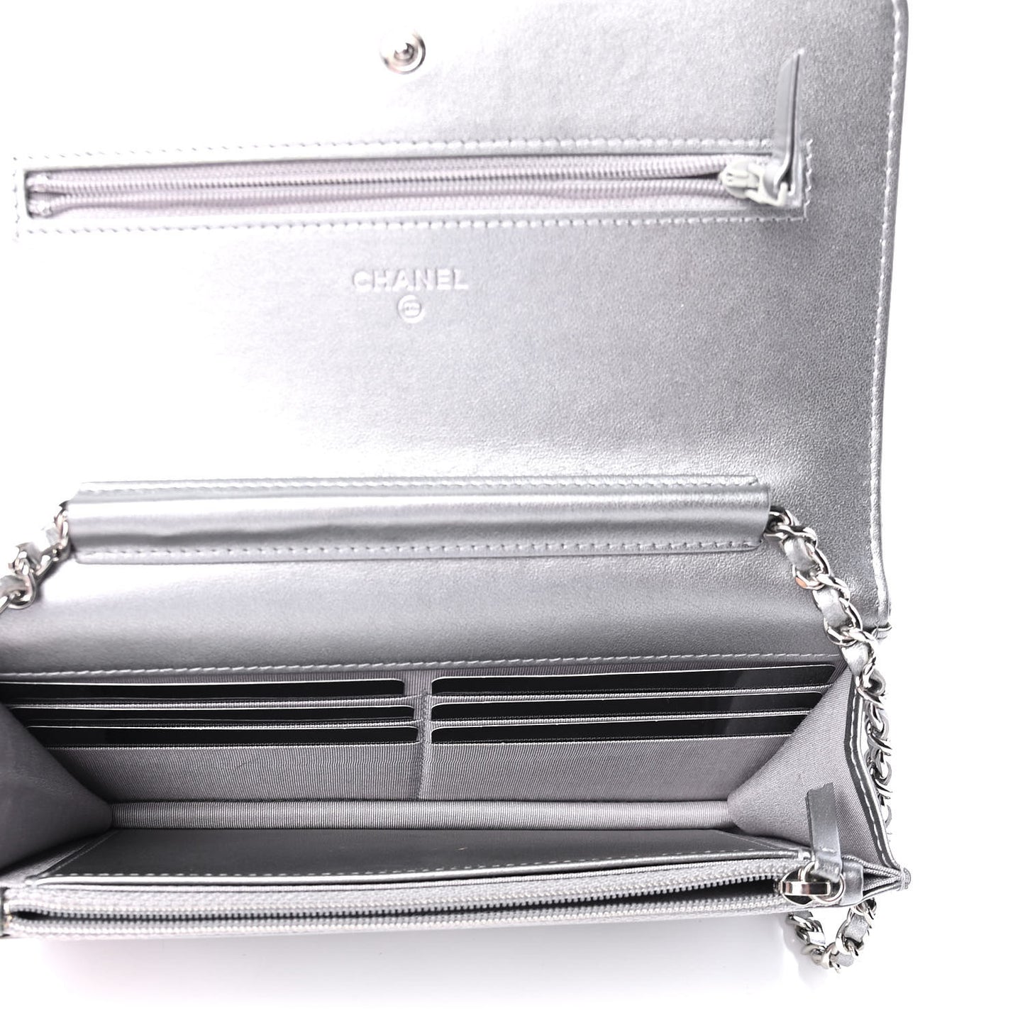 Metallic Crumpled Patent Calfskin Quilted Wallet On Chain WOC Silver