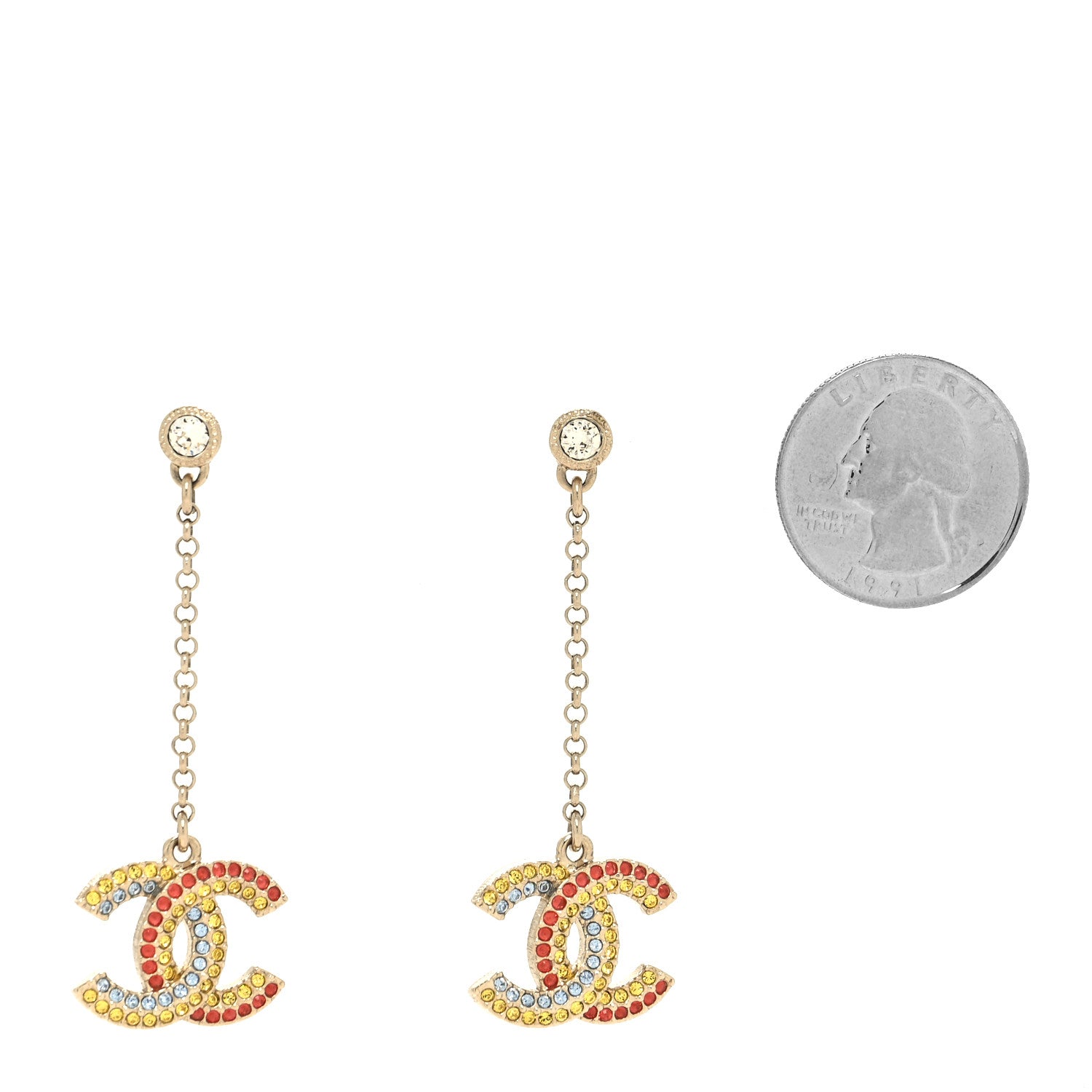 Chanel Crystal CC Drop Earrings Gold Multicolor 2 of 4