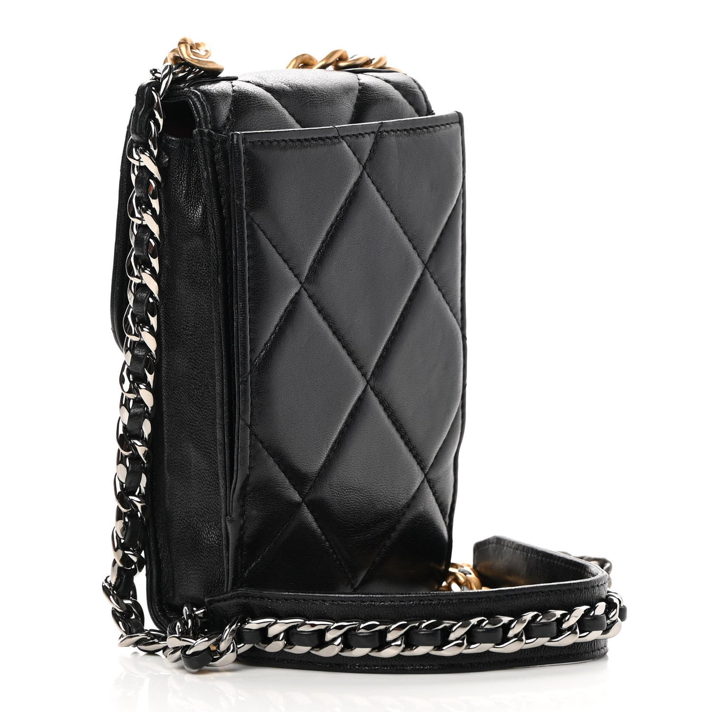 Lambskin Quilted Chanel 19 Phone Holder With Chain Black