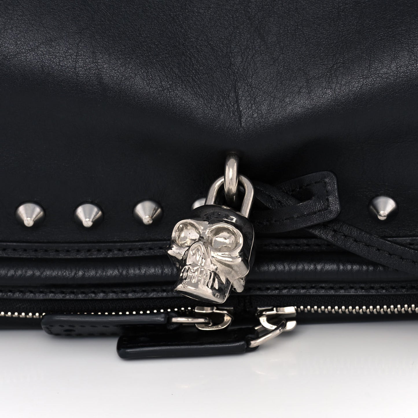 Grainy Calfskin Studded Padlock Skull Clutch Black