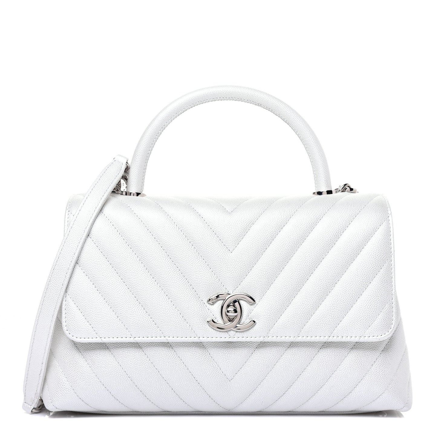 Iridescent Caviar Chevron Quilted Small Coco Handle Flap White