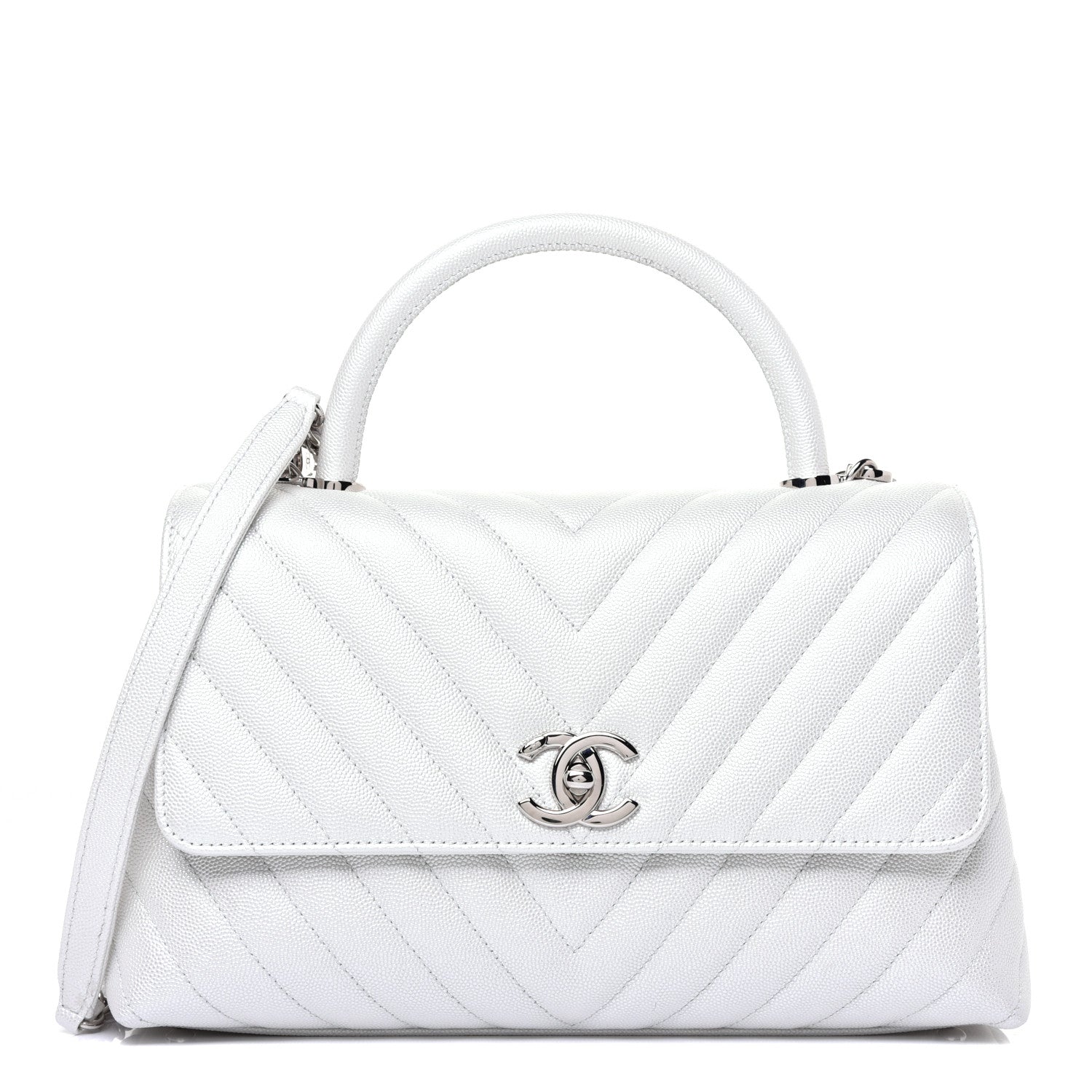 Chanel Iridescent Caviar Chevron Quilted Small Coco Handle Flap White 1 of 10