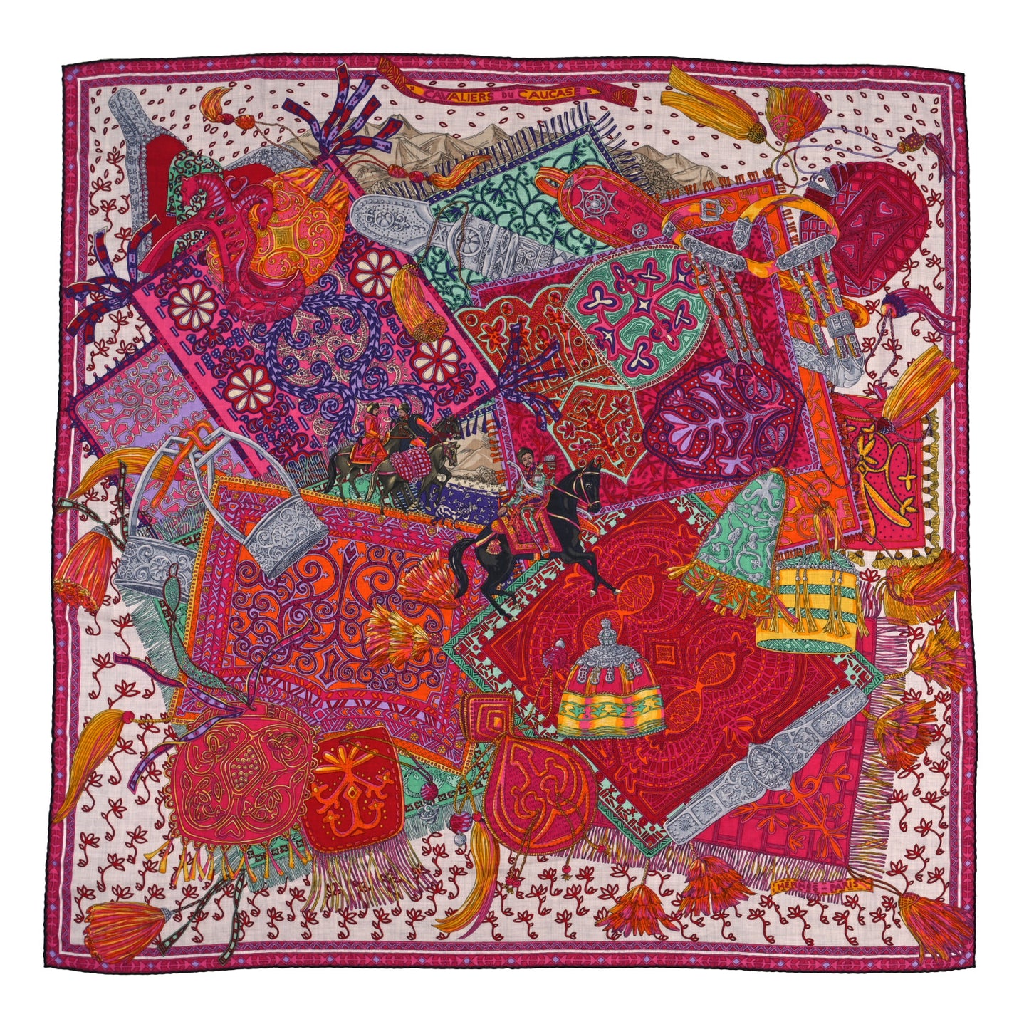 Cashmere Silk Cavaliers du Caucase Shawl 140 Gris Claire Fuchsia Vert